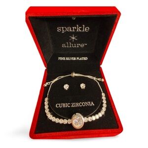 Sparkle Allure Cubic Zirconia Jewelry Set Silver Plated Bracelet + Stud Earrings